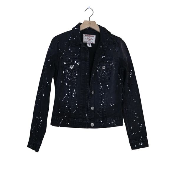 True Religion Womens S Black Paint Splatter Trucker Denim Jacket - Picture 1 of 12